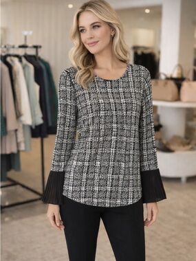 Michael Kors Tweed Print Blouse Top – Black & Cream Long Sleeve, Size Medium